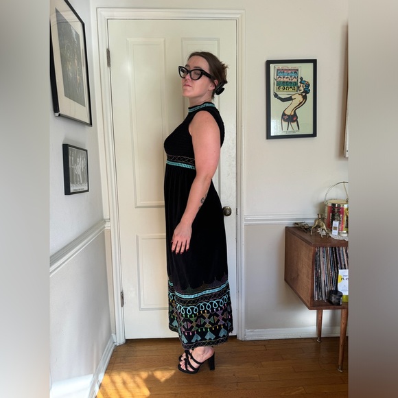 70s Vintage Sandine Originals Black Velour Maxi Dress with Shirred Bust - Picture 2 of 8